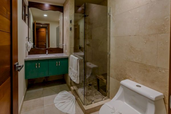The image features a bathroom with a glass-enclosed shower, a toilet, and a green vanity with a sink and mirror. Towels are hanging nearby.