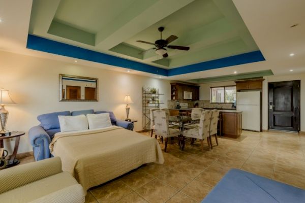A spacious living area with a bed, sofa, dining table, and kitchen. The ceiling has a unique design with recessed lighting and a ceiling fan.