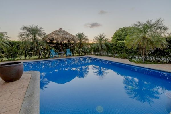 A serene pool is surrounded by palm trees and a thatched-roof hut with two blue chairs, creating a tranquil tropical atmosphere.