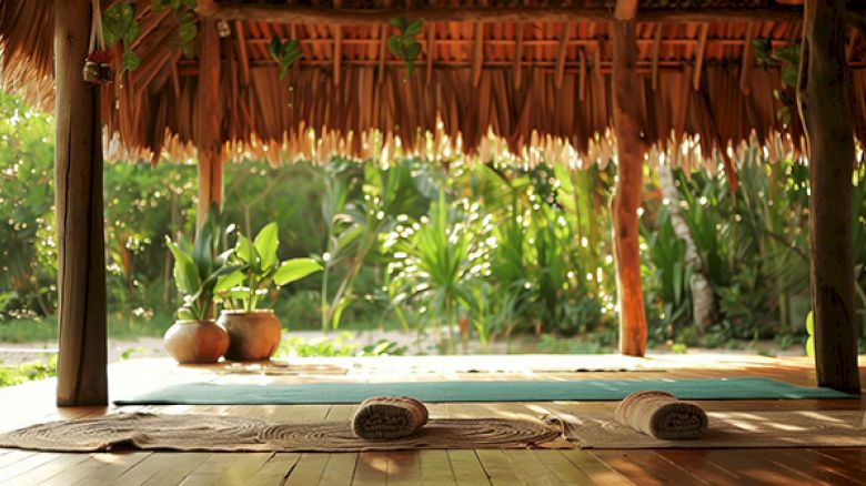 A serene, open-air yoga studio with mats and towels on a wooden floor, surrounded by lush greenery under a thatched roof.
