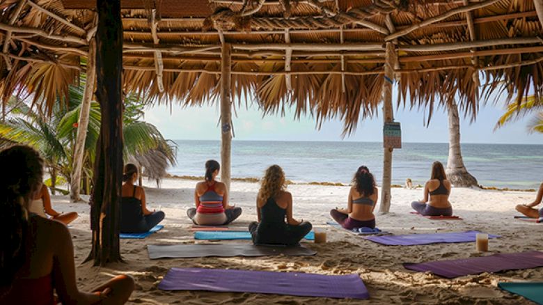 People are practicing yoga on a beach under a thatched roof structure, facing the ocean, surrounded by palm trees.