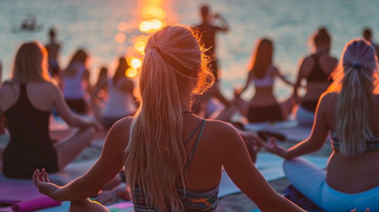People practicing yoga on a beach at sunset, with individuals seated on yoga mats facing the ocean.