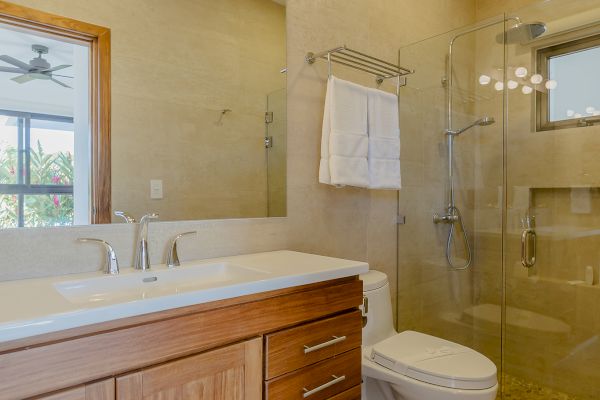 This image shows a modern bathroom with a wooden vanity, a large mirror, a toilet, and a glass-enclosed shower.