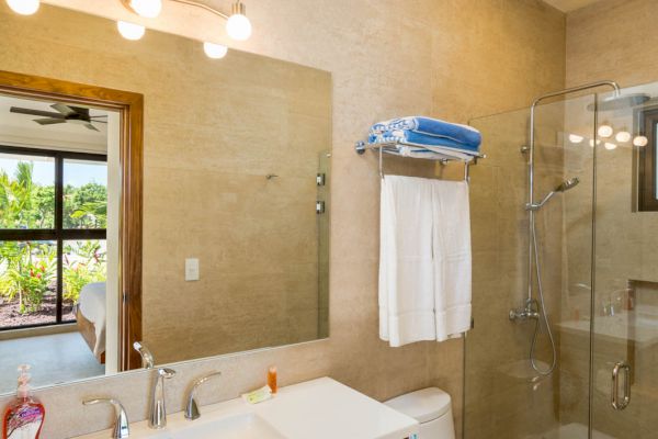 A modern bathroom with a sink, mirror, toilet, and glass-enclosed shower, featuring wooden cabinetry and a lighted vanity.