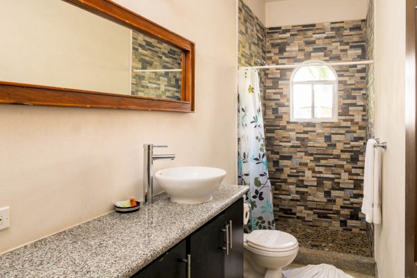 The image shows a modern bathroom with a granite countertop, vessel sink, large mirror, tiled shower area with a curtain, and a toilet next to it.