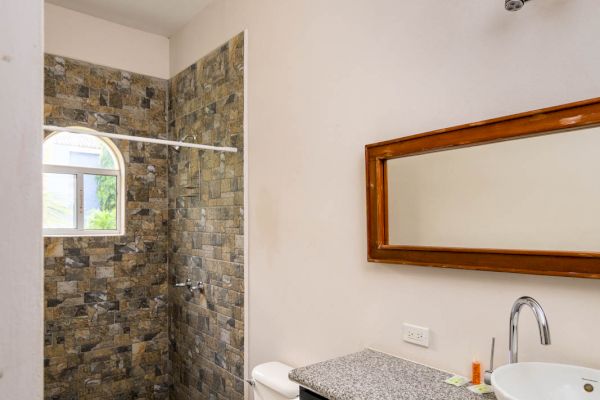 This image shows a bathroom with a shower area, a toilet, a sink on a granite countertop, and a mirror above the sink, ending the sentence.