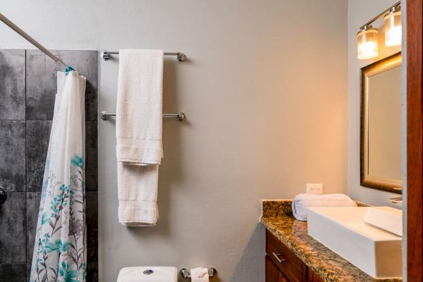 A bathroom with a toilet, shower with a floral curtain, towel rack, mirror, and countertop with sink and toiletries, lit by wall lights.