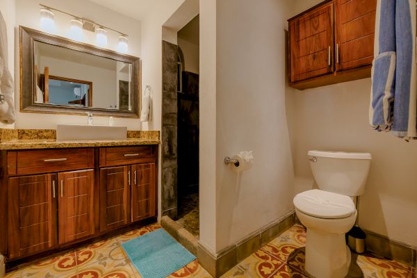 A bathroom with a vanity mirror, sink, wooden cabinets, toilet, and shower. The floor has a decorative pattern, and a blue rug is in front of the vanity.
