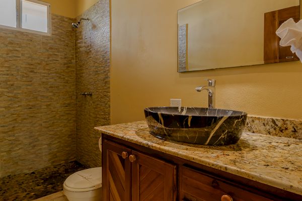 The image shows a bathroom with a wooden vanity, granite countertop, vessel sink, mirror, toilet, walk-in shower, and tile flooring.