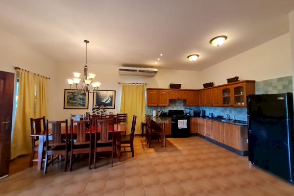 This image shows a spacious kitchen and dining area with wooden cabinets, a large dining table, chairs, a refrigerator, and artistic decor on the wall.