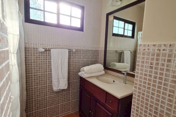 This image shows a small bathroom with a window, a mirror above a sink, a towel on a rack, and a rug on the floor. The walls are tiled halfway up.