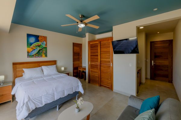 A modern bedroom with a bed, ceiling fan, TV, colorful artwork, wooden doors, small table, sofa, and a potted orchid on a coffee table.