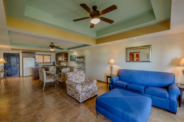 This image shows a cozy living room and dining area with blue couches, a patterned armchair, ceiling fans, and warm lighting, ending the sentence.