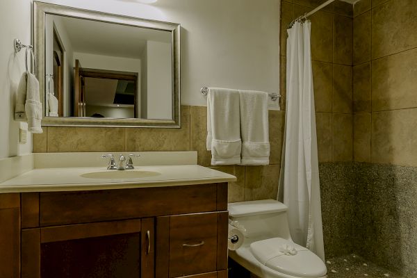 A bathroom featuring a wooden vanity with a mirror above, a towel rack, a toilet, and a shower with a curtain, all on tiled flooring.