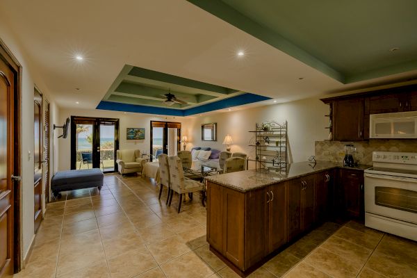 A spacious living area with a kitchen on the right, and dining and seating areas leading to a balcony with a view.