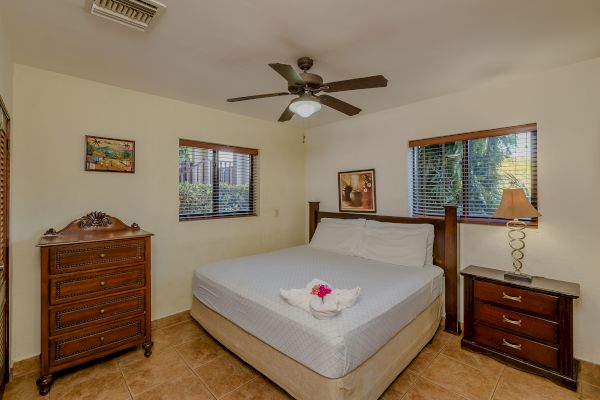 A bedroom with a double bed, two nightstands, a dresser, lamps, ceiling fan, two windows, and framed art on the walls.
