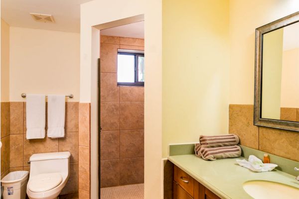 This image shows a bathroom with a toilet, shower, vanity with sink, mirror, towels on racks, a countertop with toiletries, and tiled floors and walls.