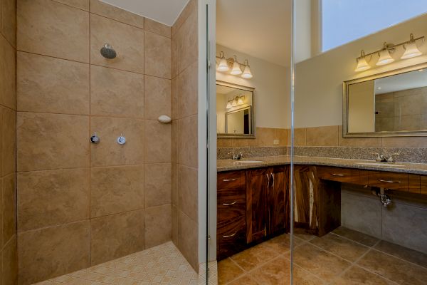A bathroom with a walk-in tiled shower and a vanity area with two sinks, mirrors, and lighting. The overall design is elegant and modern.