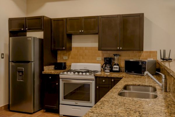 This image shows a kitchen with dark wood cabinets, a stainless steel fridge, a stove, a microwave, a sink, and various appliances on the countertop.